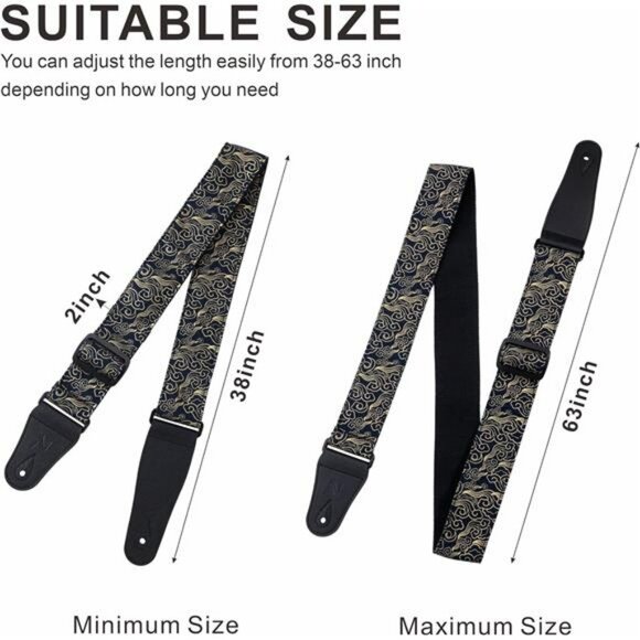 Adjustable Cotton Guitar Strap with Picks Locks Leather Ends Gift Set - Picture 3 of 7